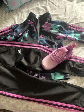 adidas Black Track Jacket & Pants with Pink and Teal Floral Accents